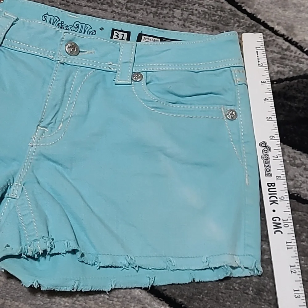 MISS ME AQUA RAW-HEM EMBROIDERED RHINESTONES DENIM JEAN SHORTS PRICE FIRM